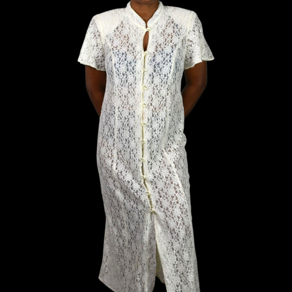 Vintage Lace Midi Dress White Ivory Button Front 80s Sheer Corset Lacing Medium - Picture 8 of 16